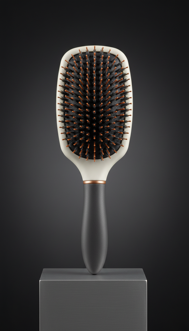 Ergonomic paddle brush with metallic accents